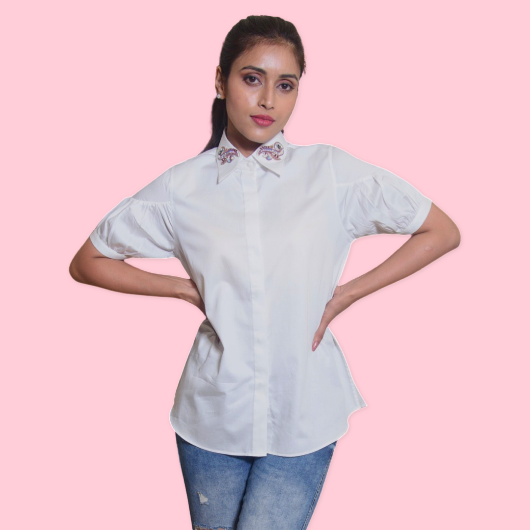 White Shirt with Embroidered Collar