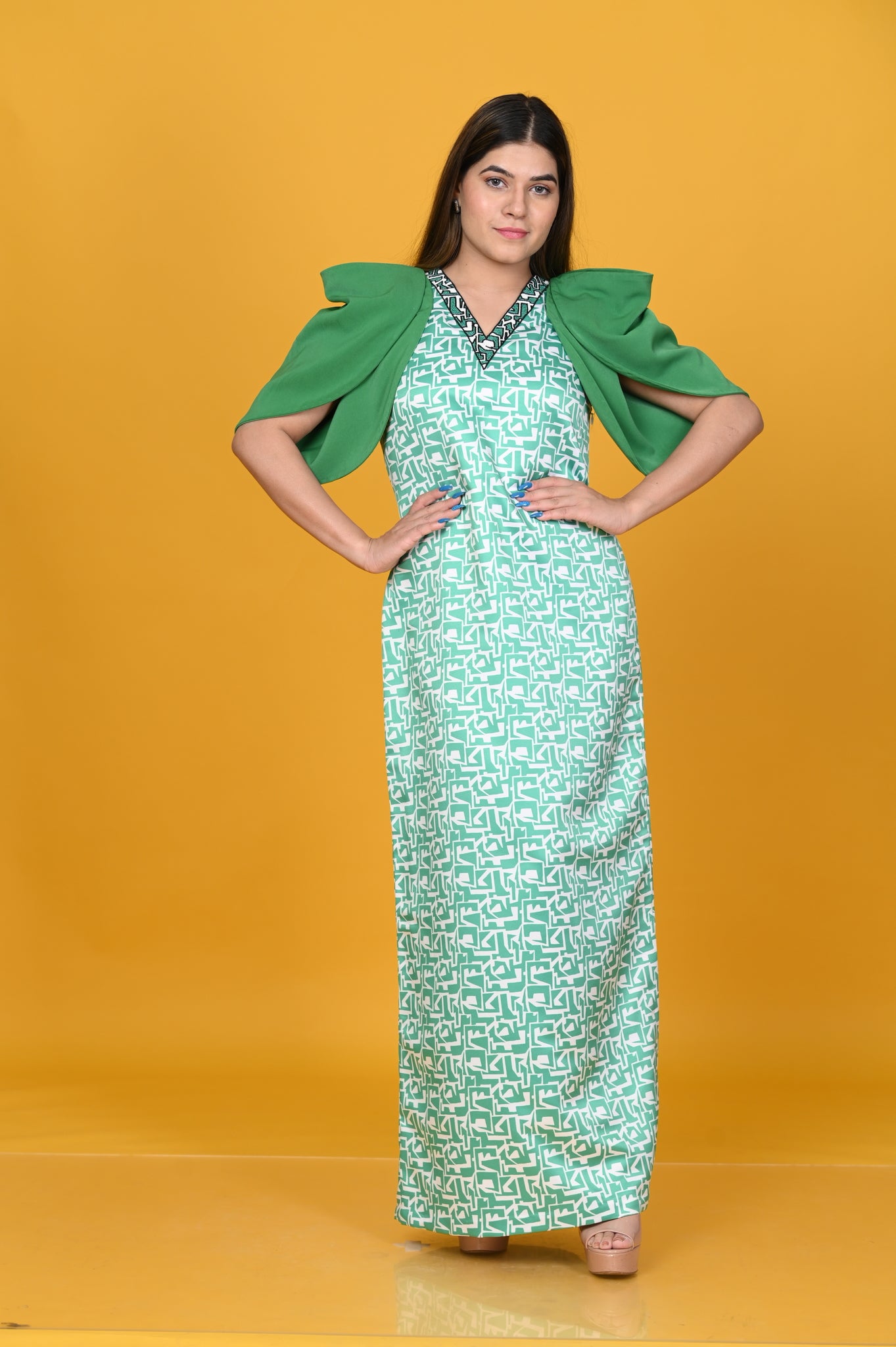 Green printed long dress with slit